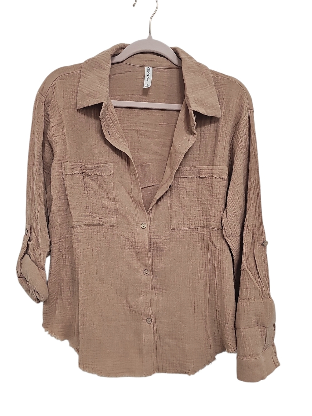 New Zenana Cotton Top Womens Size S XL Tan Button Down Neutral Festival - Picture 3 of 3
